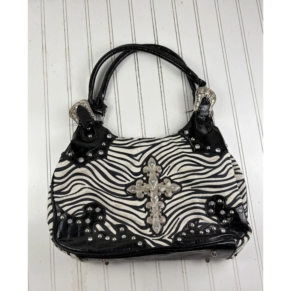 Western Cross Zebra Black Leather Vintage Y2K Studded Rhinestone Shoulder Bag